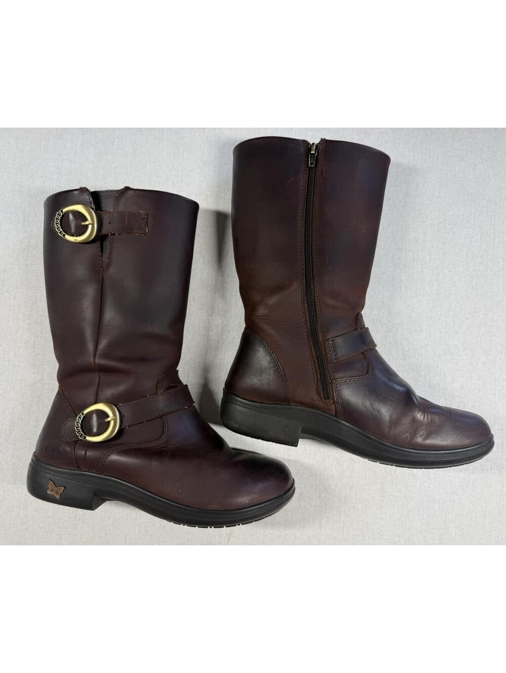 Alegria Cam Boots Women 9.5-10 EU 40 Brown Leather Buckle Biker Moto Zip Comfort